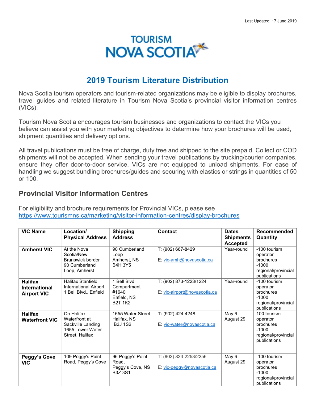 2019 Tourism Literature Distribution