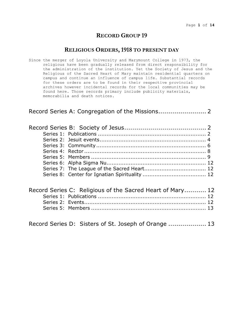 Record Group 19 Religious Orders, 1918 to Present