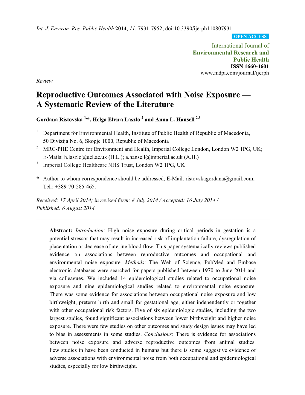 Reproductive Outcomes Associated with Noise Exposure — a Systematic Review of the Literature