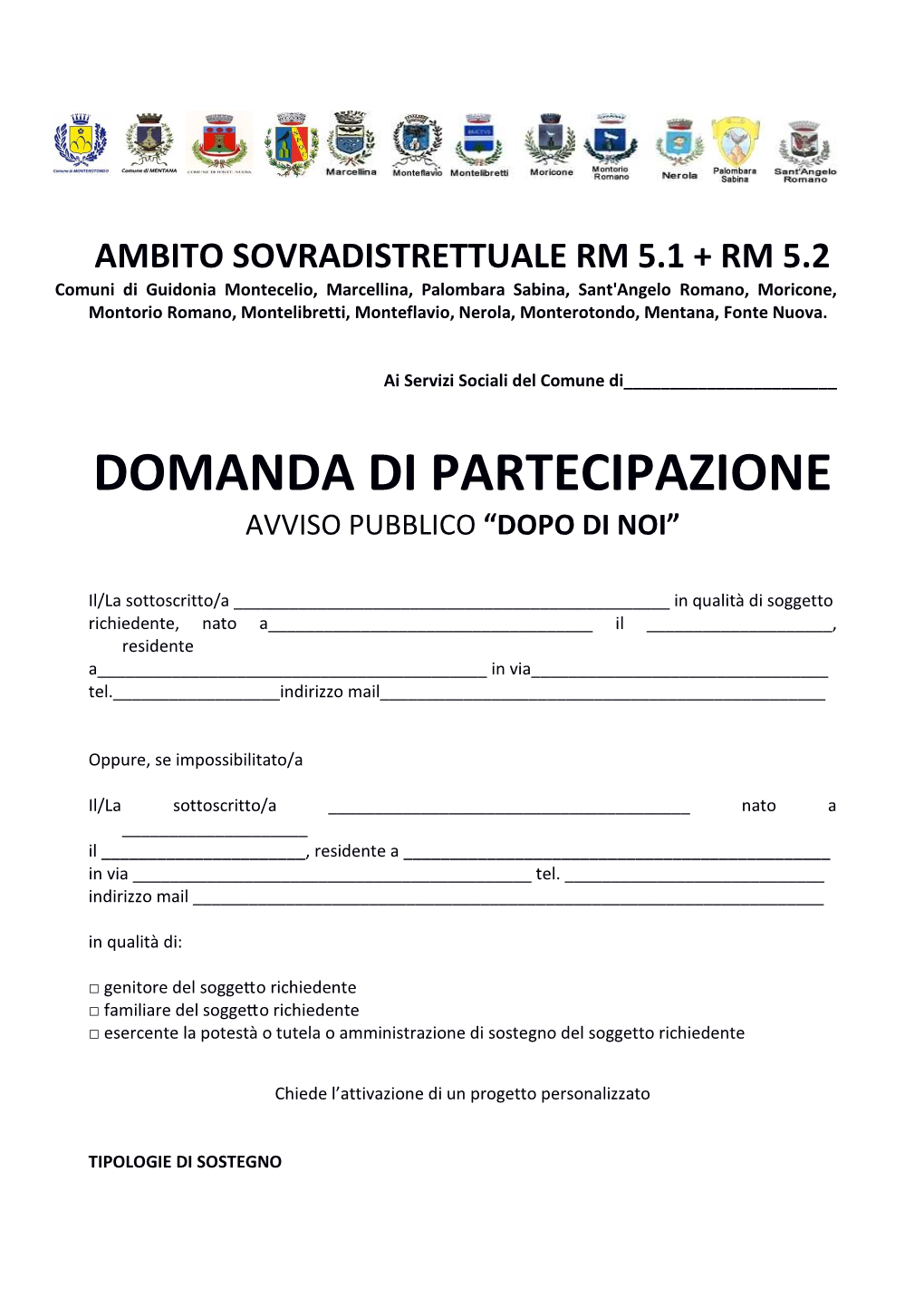 Domanda Di Partecipazione Avviso Pubblico “Dopo Di Noi”