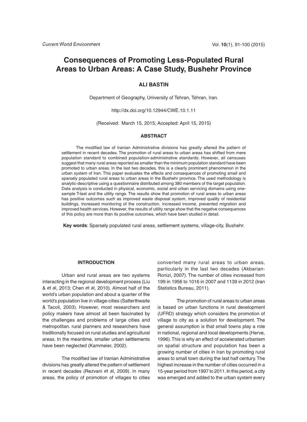 Consequences of Promoting Less-Populated Rural Areas to Urban Areas: a Case Study, Bushehr Province