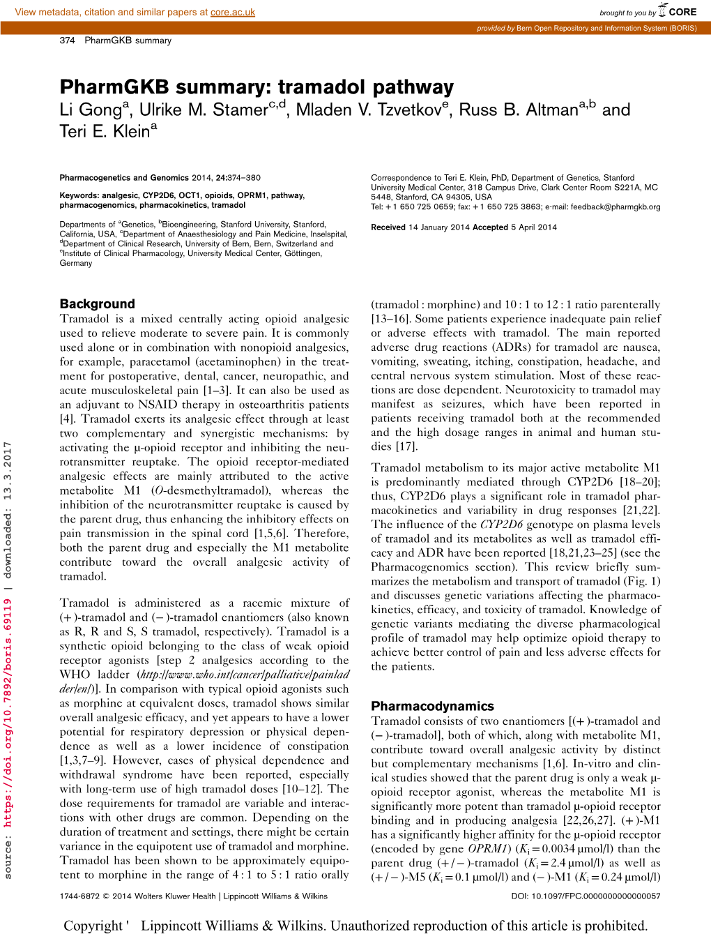 Pharmgkb Summary: Tramadol Pathway Li Gonga, Ulrike M