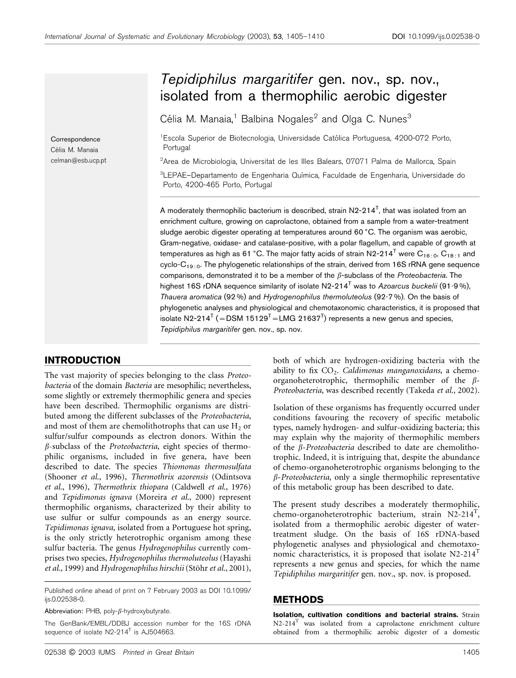 Tepidiphilus Margaritifer Gen. Nov., Sp. Nov., Isolated from a Thermophilic Aerobic Digester