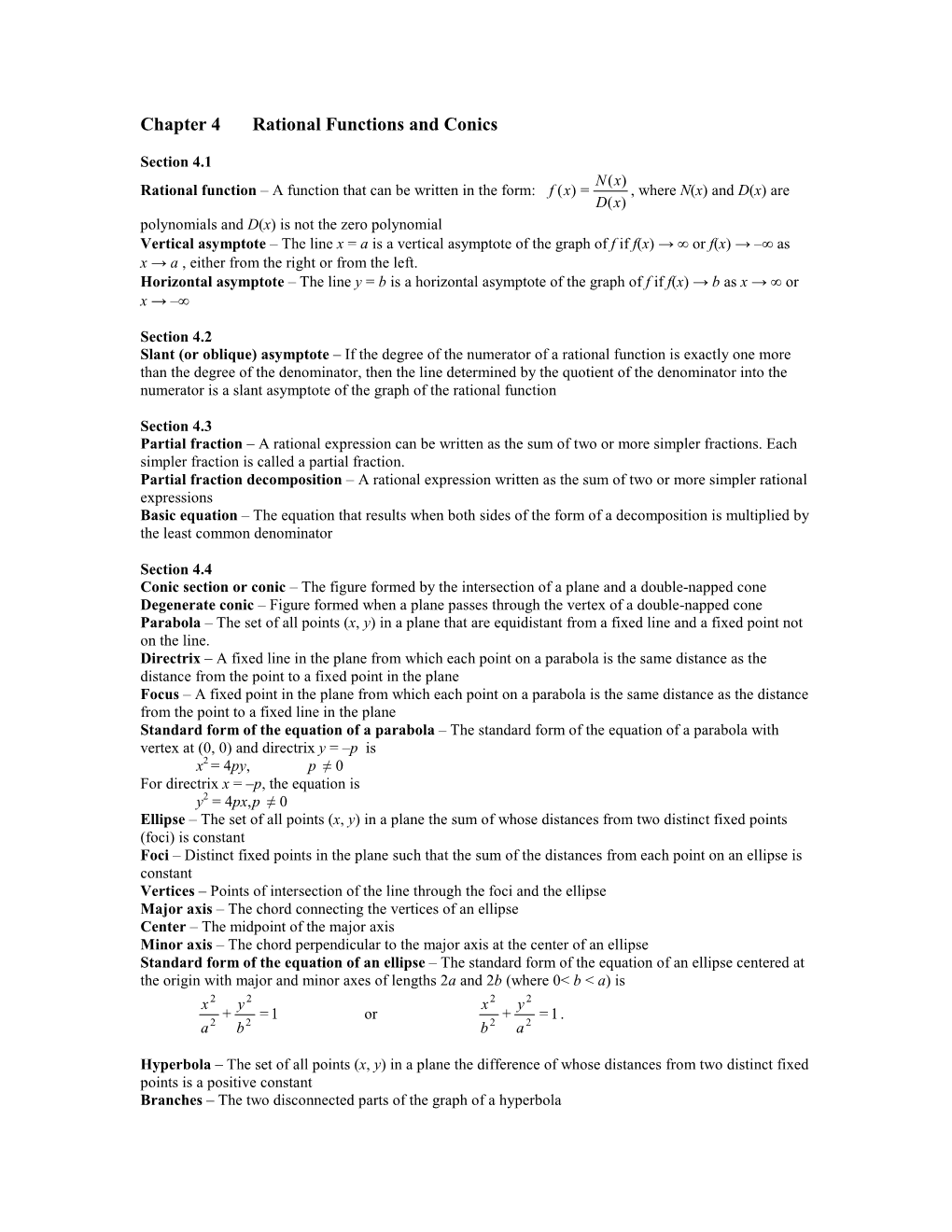 Chapter 4 Rational Functions and Conics