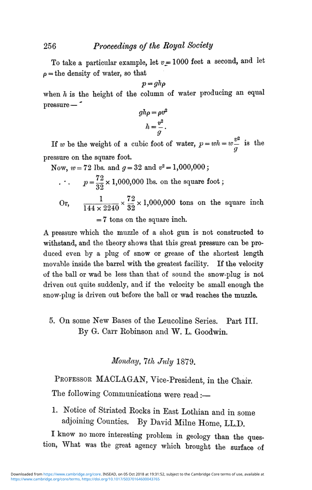 256 Proceedings of the Royal Society to Take a Particular Example, Let V = 1000 Feet a Second, and Let P = the Density of Water, So That