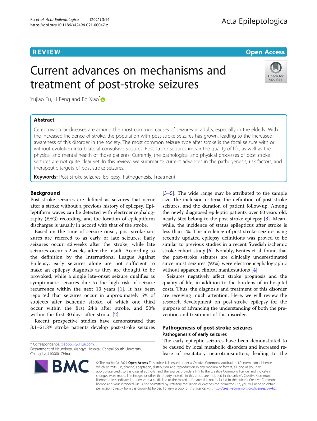 Current Advances on Mechanisms and Treatment of Post-Stroke Seizures Yujiao Fu, Li Feng and Bo Xiao*