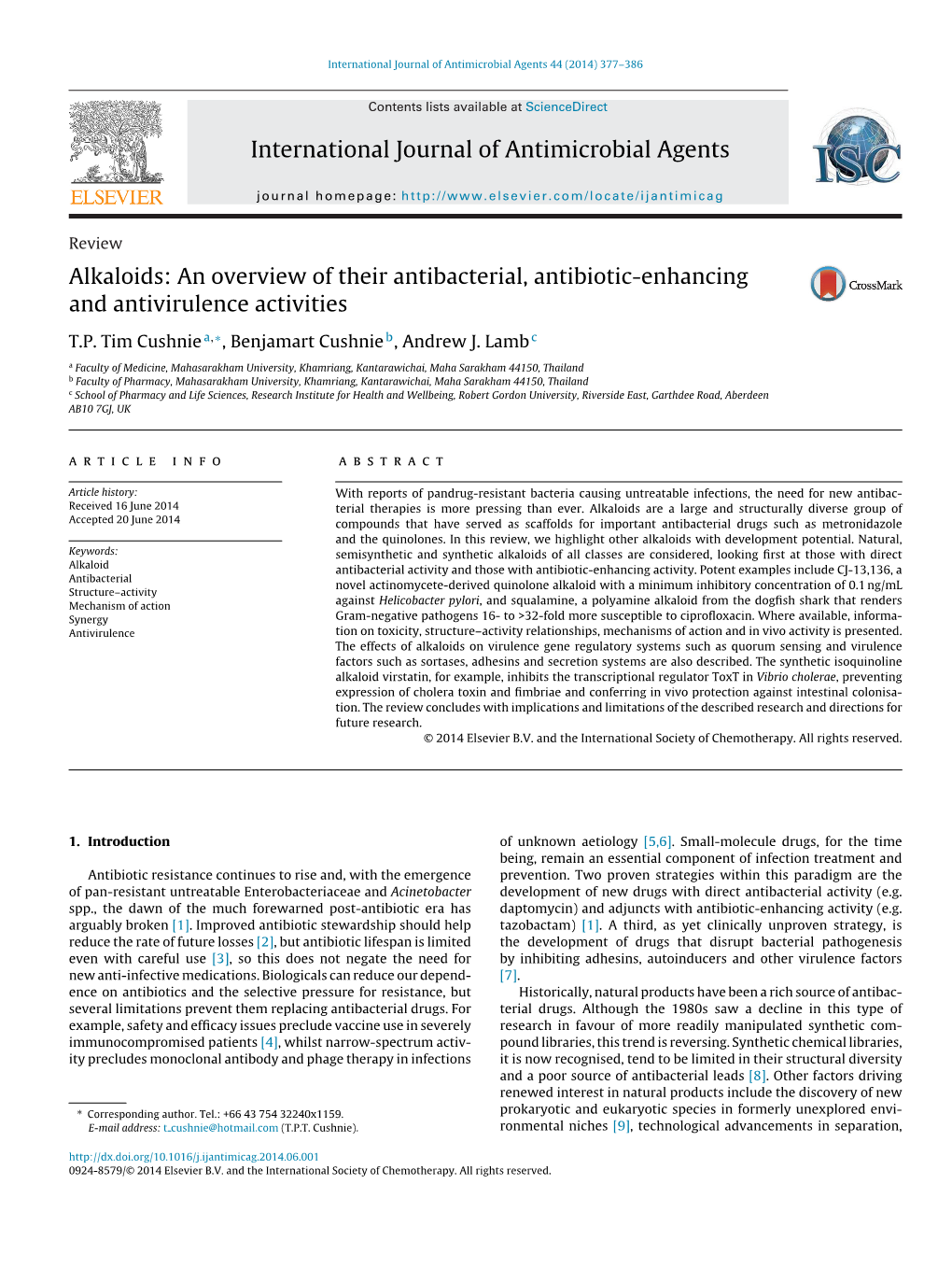 Alkaloids: an Overview of Their Antibacterial, Antibiotic-Enhancing and Antivirulence Activities