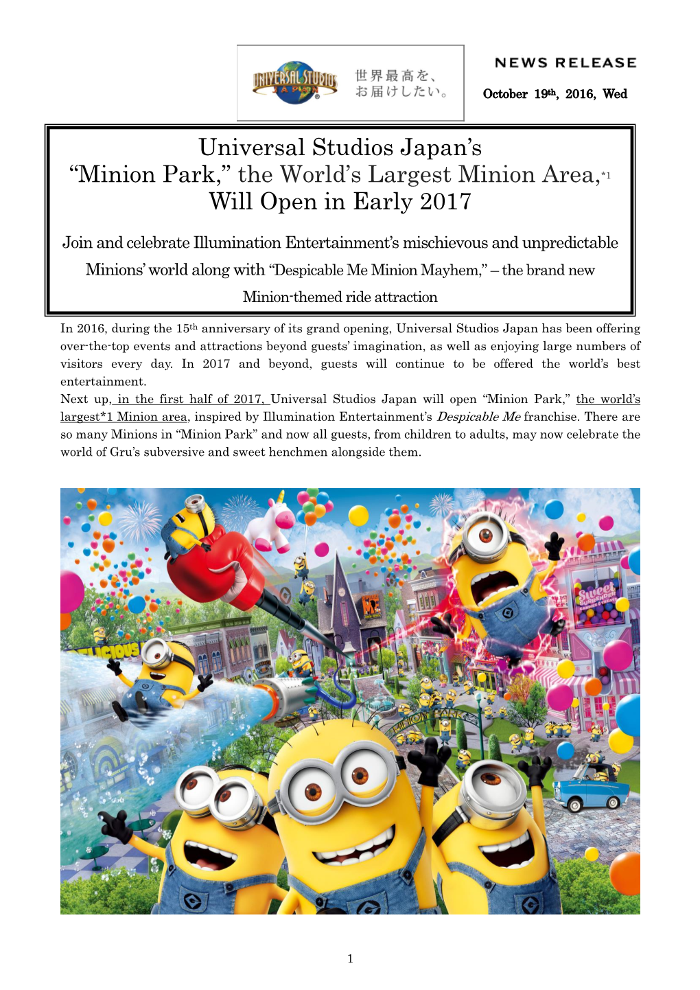 Universal Studios Japan's “Minion Park,” the World's Largest Minion