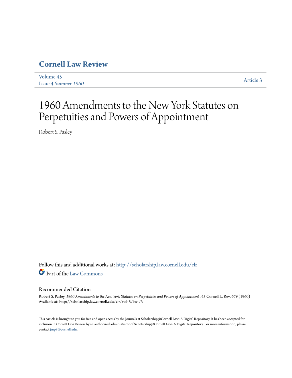 1960 Amendments to the New York Statutes on Perpetuities and Powers of Appointment Robert S