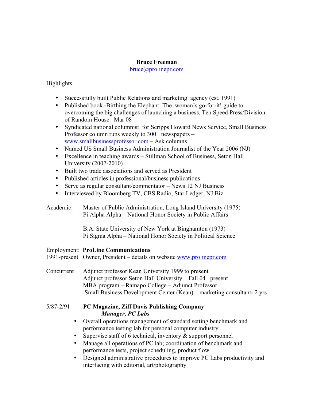 Bruce Freeman CV