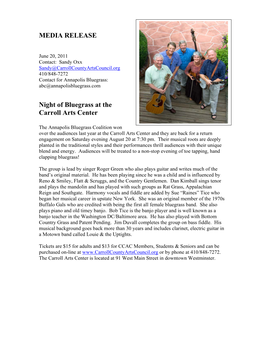 MEDIA RELEASE Night of Bluegrass at the Carroll Arts Center