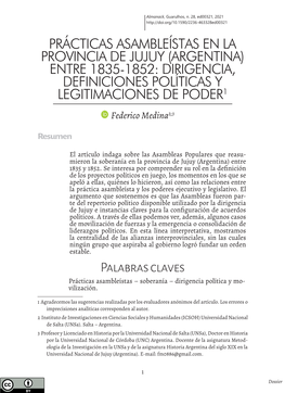 Prácticas Asambleístas En La Provincia De Jujuy (Argentina) Entre 1835-1852: Dirigencia, Definiciones Políticas Y Legitimaciones De Poder1