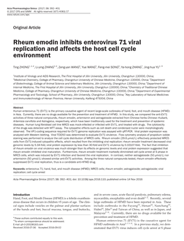 Rheum Emodin Inhibits Enterovirus 71 Viral Replication and Affects the Host Cell Cycle Environment