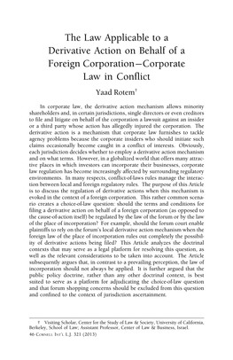 The Law Applicable to a Derivative Action on Behalf of a Foreign Corporation— Corporate Law in Conflict Yaad Rotem†