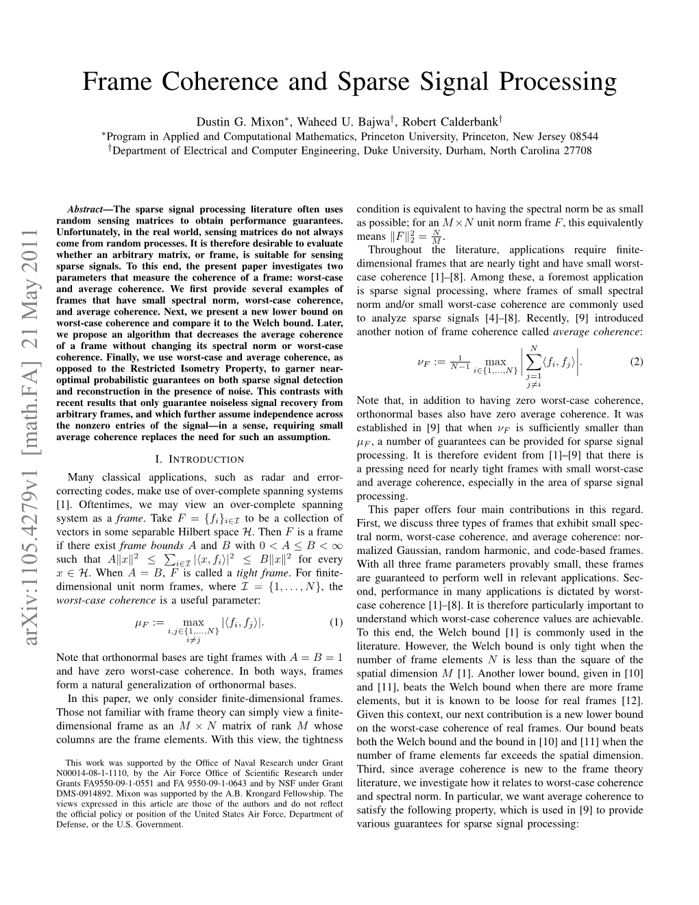 Frame Coherence and Sparse Signal Processing