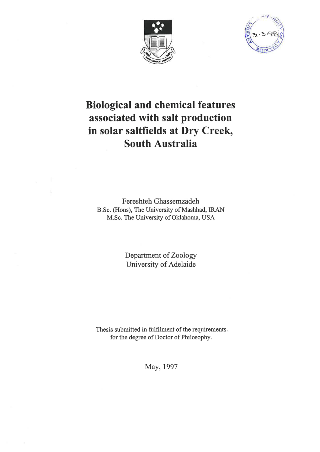 Biological and Chemical Features Associated with Salt Production in Solar Saltfields at Dry Creek, South Australia