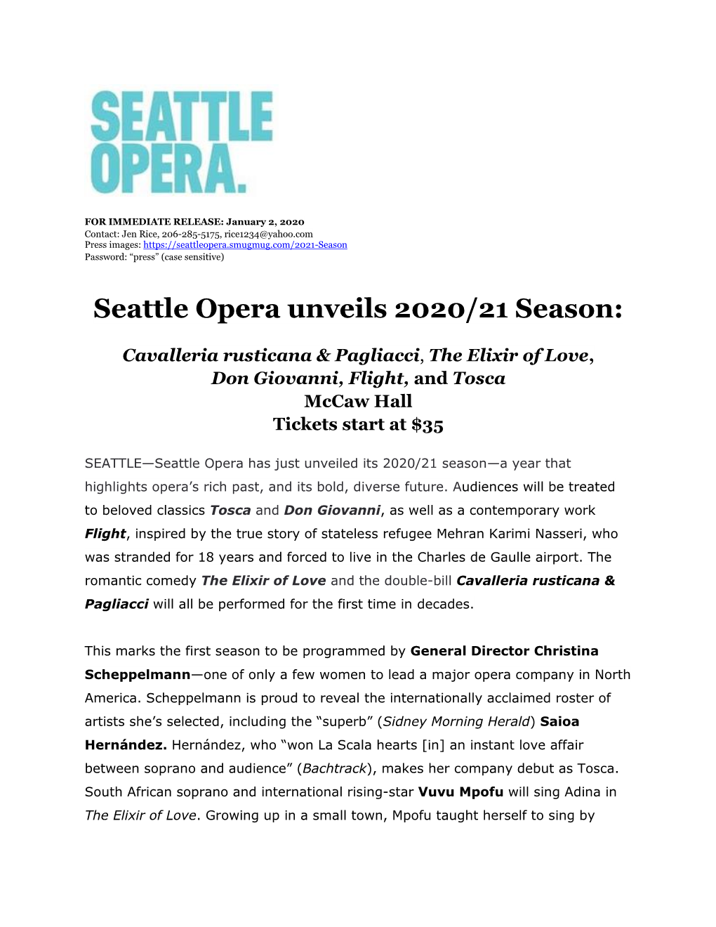 Seattle Opera Unveils 2020/21 Season