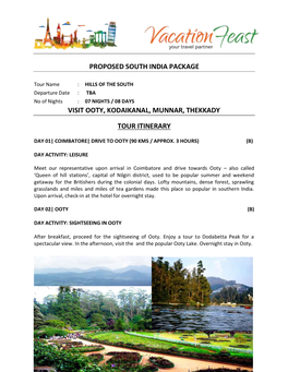 Proposed South India Package Visit Ooty, Kodaikanal