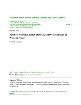 Abortion, the Undue Burden Standard, and the Evisceration of Women's Privacy