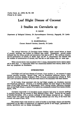 Leaf Blight Disease of Coconut 2 Studies on Curvularia Sp