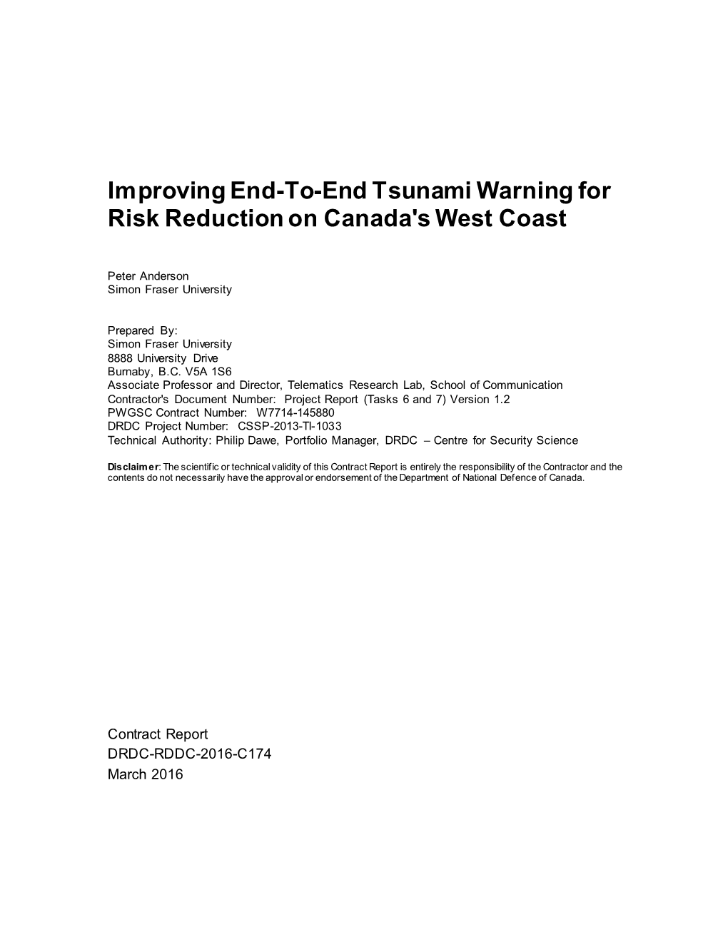 Improving End-To-End Tsunami Warning for Risk Reduction on Canada's West Coast