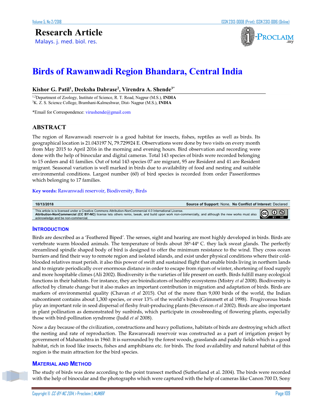 Research Article Birds of Rawanwadi Region Bhandara, Central India