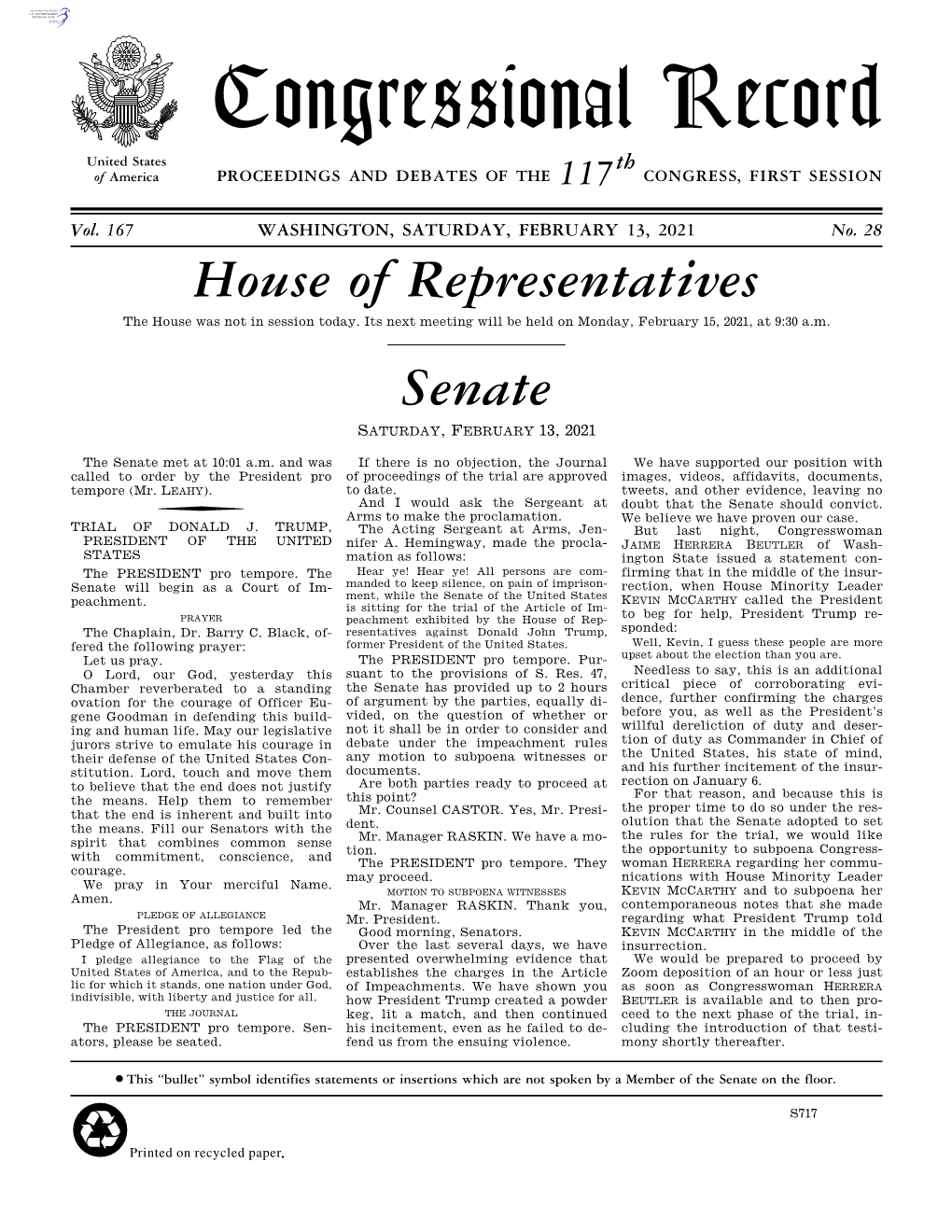 Congressional Record United States Th of America PROCEEDINGS and DEBATES of the 117 CONGRESS, FIRST SESSION