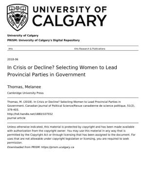 In Crisis Or Decline? Selecting Women to Lead Provincial Parties in Government