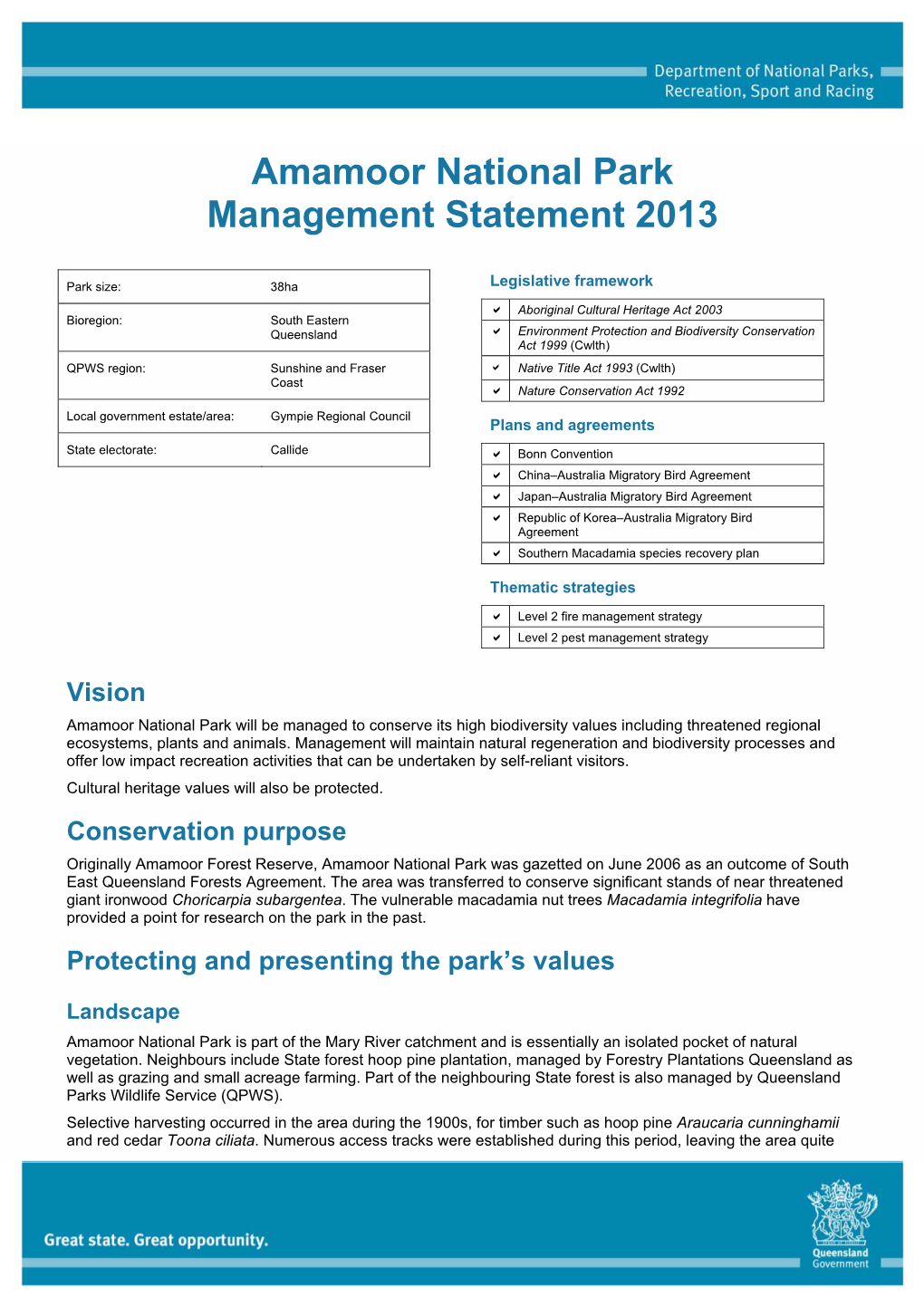 Amamoor National Park Management Statement 2013