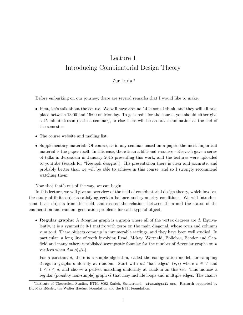Lecture 1 Introducing Combinatorial Design Theory