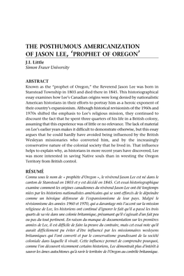 The Posthumous Americanization of Jason Lee, ‘Prophet of Oregon’ J.I
