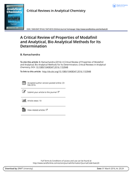 A Critical Review of Properties of Modafinil and Analytical, Bio Analytical Methods for Its Determination