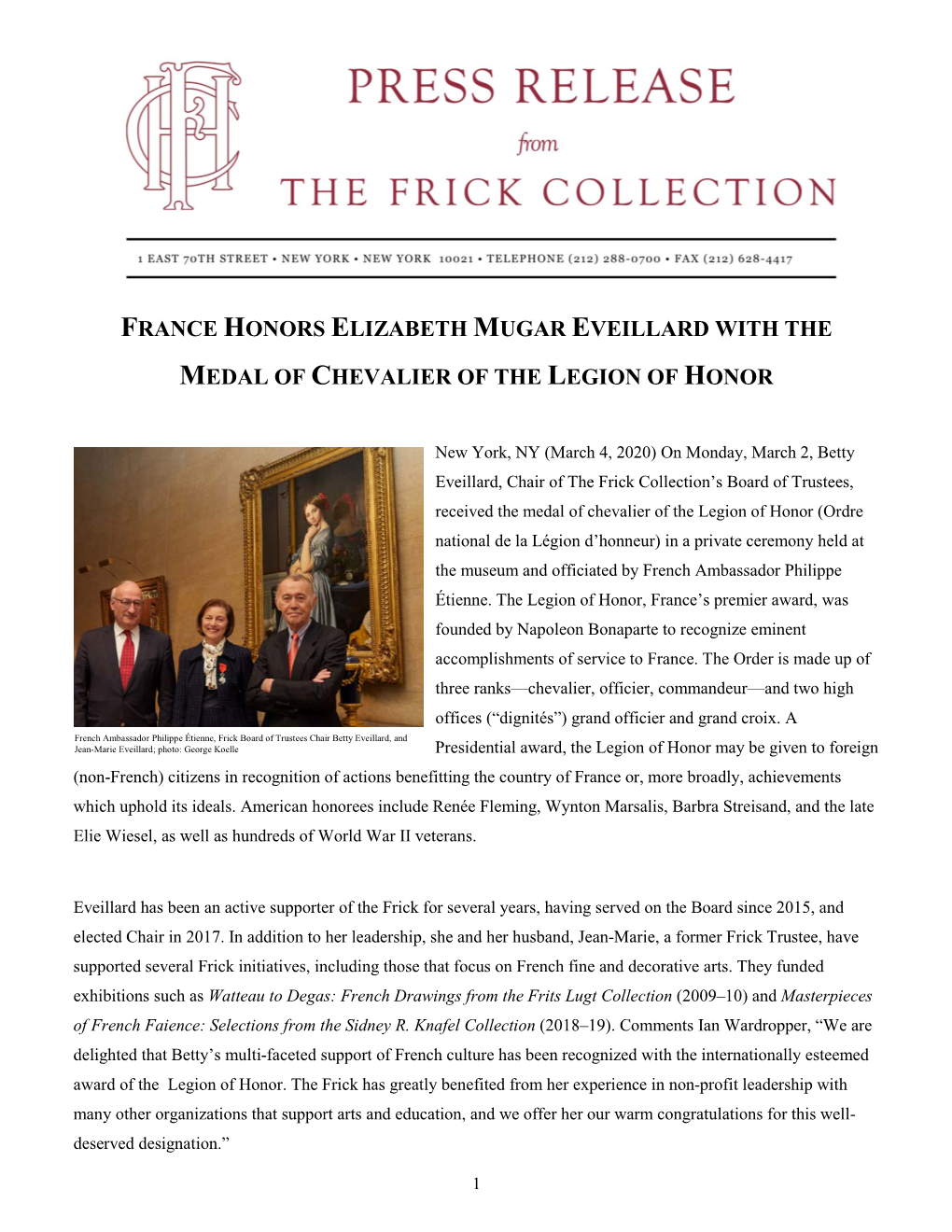 France Honors Elizabeth Mugar Eveillard with the Medal of Chevalier of the Legion of Honor