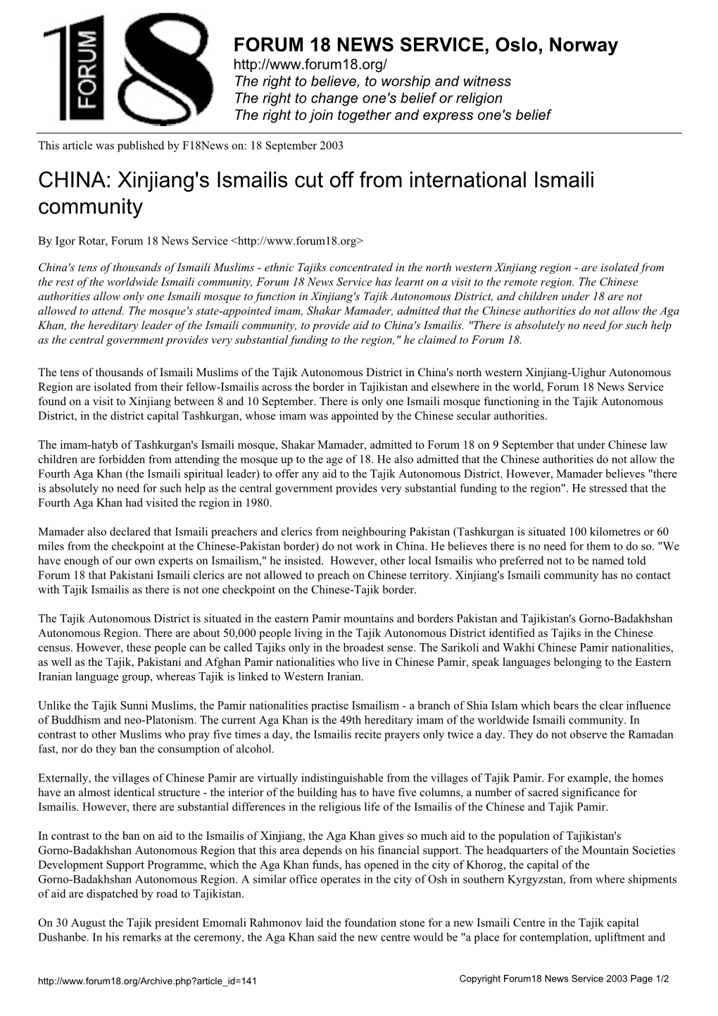 CHINA: Xinjiang's Ismailis Cut Off from International Ismaili Community