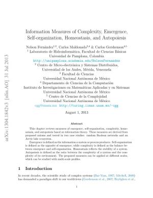 Information Measures of Complexity, Emergence, Self-Organization, Homeostasis, and Autopoiesis