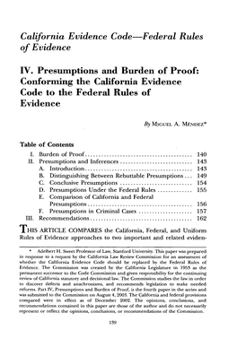 Presumptions and Burden of Proof: Conforming the California Evidence Code to the Federal Rules of Evidence