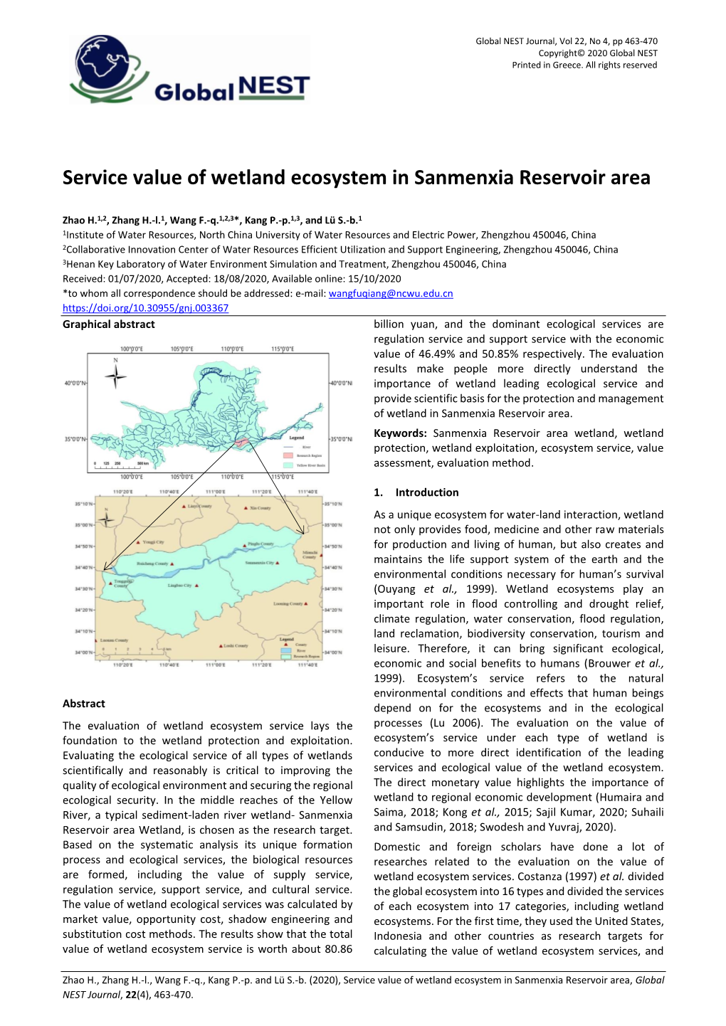 Service Value of Wetland Ecosystem in Sanmenxia Reservoir Area