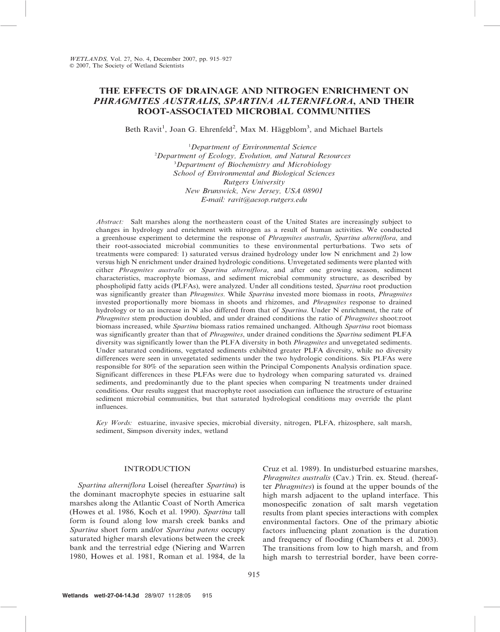 The Effects of Drainage and Nitrogen Enrichment on Phragmites Australis, Spartina Alterniflora, and Their Root-Associated Microbial Communities