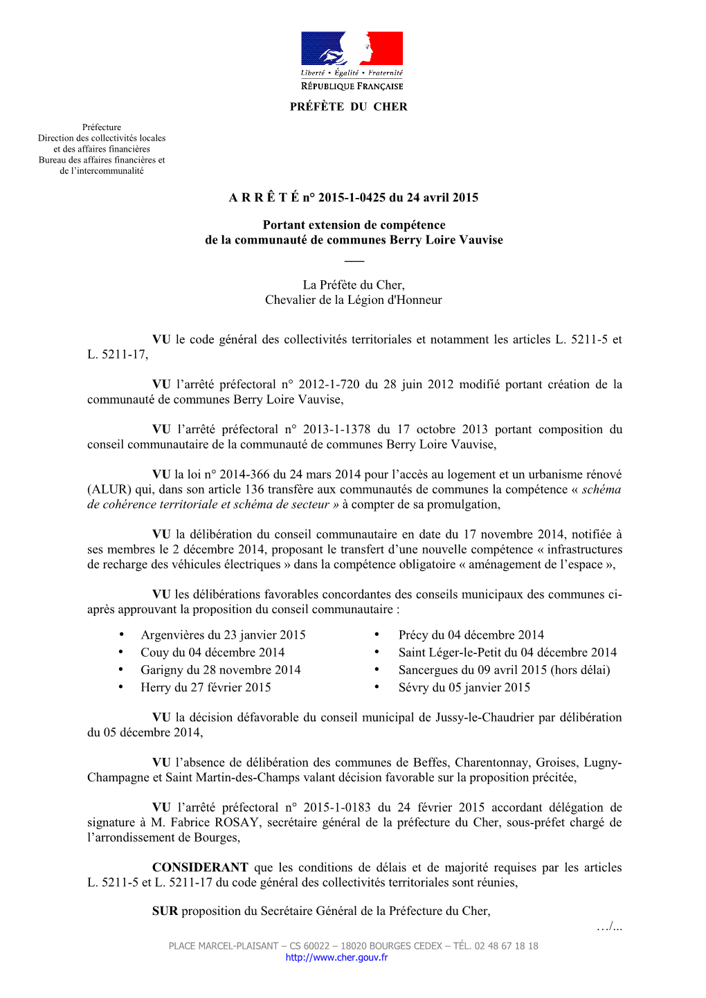Arrêté N°2015-1-0425 Du 24 Avril 2015 Portant Extension De