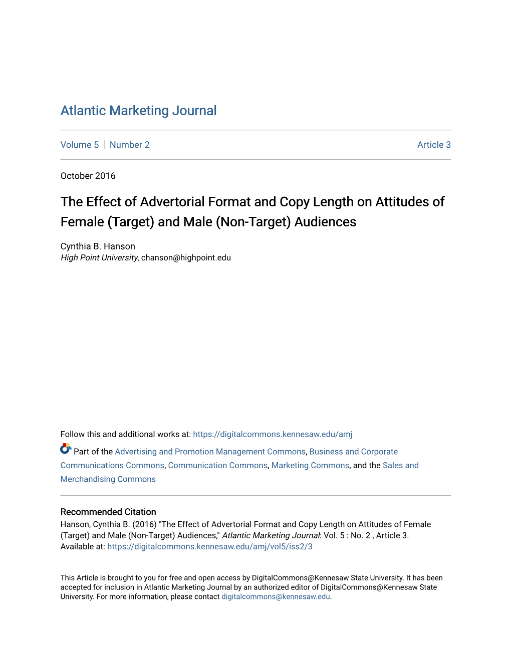 The Effect of Advertorial Format and Copy Length on Attitudes of Female (Target) and Male (Non-Target) Audiences