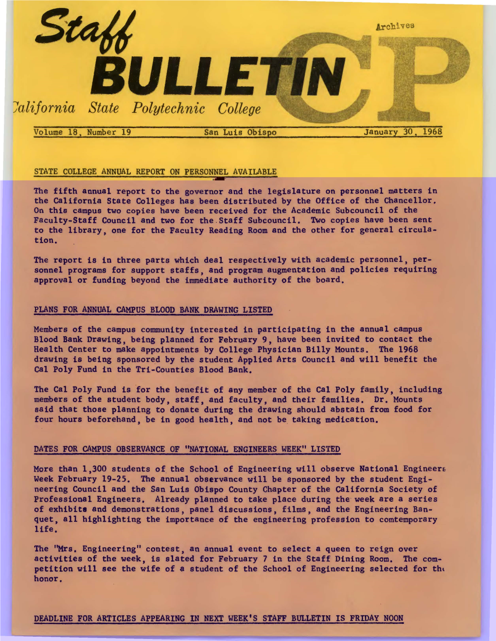 January 30, 1968 Staff Bulletin