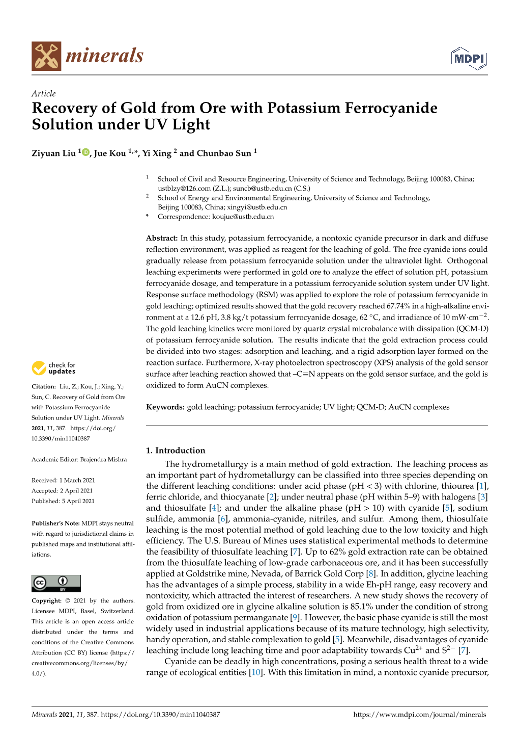 Recovery of Gold from Ore with Potassium Ferrocyanide Solution Under UV Light