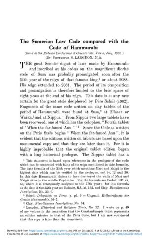 The Sumerian Law Code Compared with the Code of Hammurabi (Dead at the Entente Conference of Orientalists, Paris, July, 1920.) by PROFESSOR S