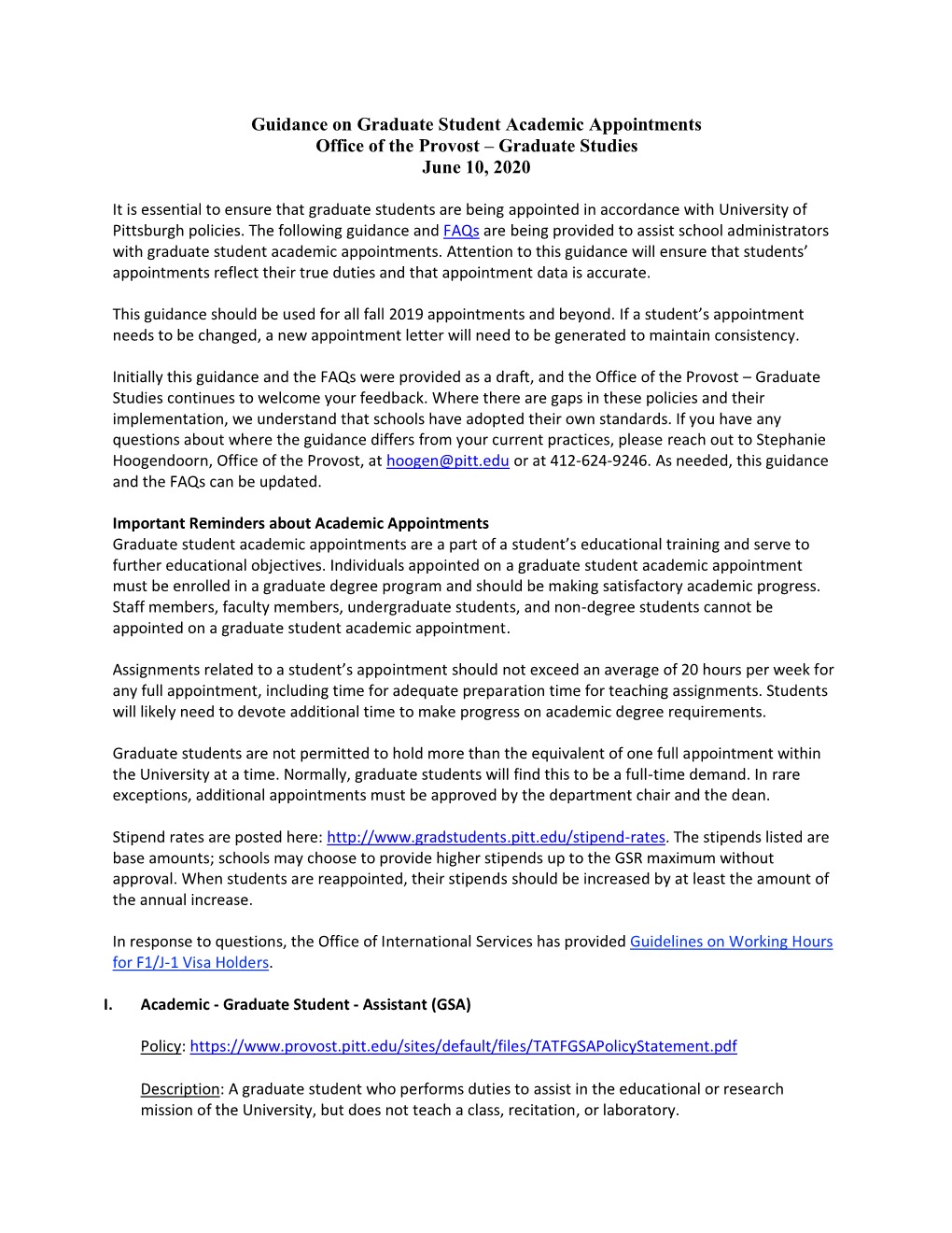 Guidance on Graduate Student Academic Appointments Office of the Provost – Graduate Studies June 10, 2020