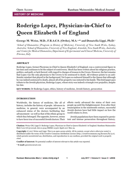 Roderigo Lopez, Physician-In-Chief to Queen Elizabeth I of England