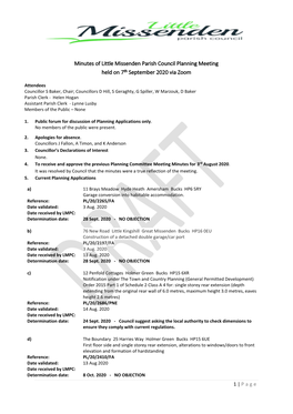 Minutes of Little Missenden Parish Council Planning Meeting Held on 7Th September 2020 Via Zoom