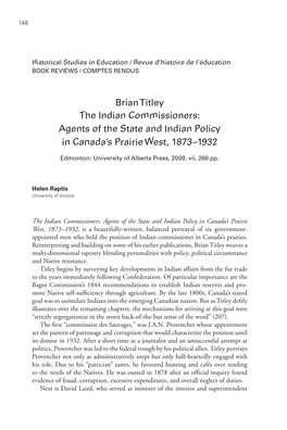 Brian Titley the Indian Commissioners: Agents of the State and Indian Policy in Canada’S Prairie West, 1873–1932
