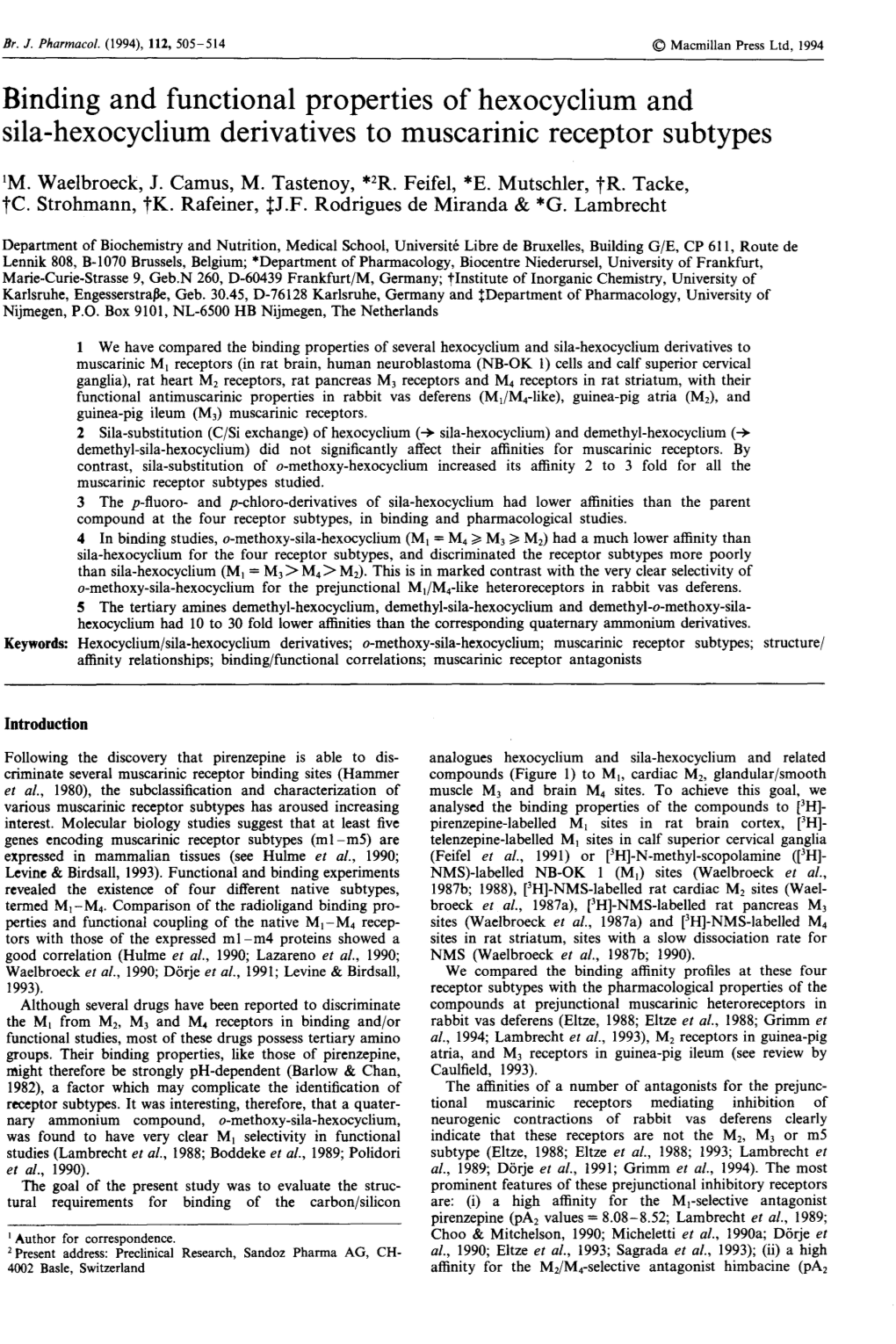 Binding and Functional Properties of Hexocyclium and Sila-Hexocyclium Derivatives to Muscarinic Receptor Suhtypes