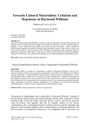 Toward Cultural Materialism: Criticism and Hegemony in Raymond Williams