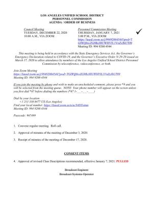 Los Angeles Unified School District Personnel Commission Agenda / Order of Business